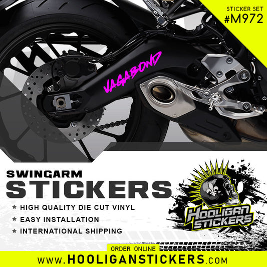 Motorcycle swingarm with 'Vagabond' branding and Hooligan Stickers promotional text.